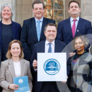 Pictured outside the Custom House for the launch of the Home Performance Pathway certification for SME developers are (L-R): John Delahunty, AIB; Fergus Mangan, Home Building Finance Ireland; Magdalena Hajdukiewicz, Construct Innovate; James Browne T.D., Minister for Housing, Local Government & Heritage; Johanna Varghese, Irish Green Building Council; Deirdre Murphy, Housing Agency; Brian Gaffney, Bank of Ireland; PJ Ryan, Construction Industry Federation. Pic: Marc O’Sullivan